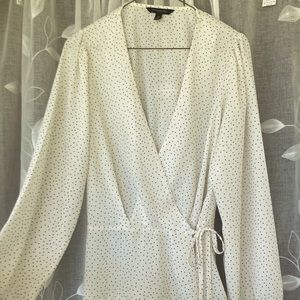 Polyester Wrap Blouse - Long Sleeve - cream with Black Polka Dots - Size M